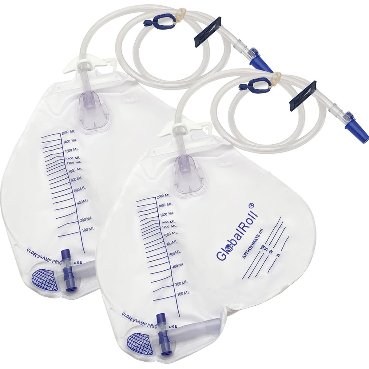 GlobalRoll Urinbeutel mit Anti-Reflux-Kammer, 2000 ml Fassungsvermögen, 122 cm Drainageschlauch, Clips und Aufhängehaken, professioneller Urinbeutel für zu Hause und Krankenhäuser, 2er-Pack
