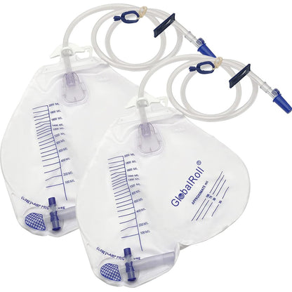 GlobalRoll Urinbeutel mit Anti-Reflux-Kammer, 2000 ml Fassungsvermögen, 122 cm Drainageschlauch, Clips und Aufhängehaken, professioneller Urinbeutel für zu Hause und Krankenhäuser, 2er-Pack