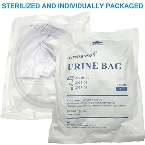 GlobalRoll Urinbeutel mit Anti-Reflux-Kammer, Urinbeutel 2000 ml, 120 cm Drainageschlauch, Clips und Aufhängehaken, professioneller Urinbeutel für zu Hause und Krankenhäuser, 1 Packung