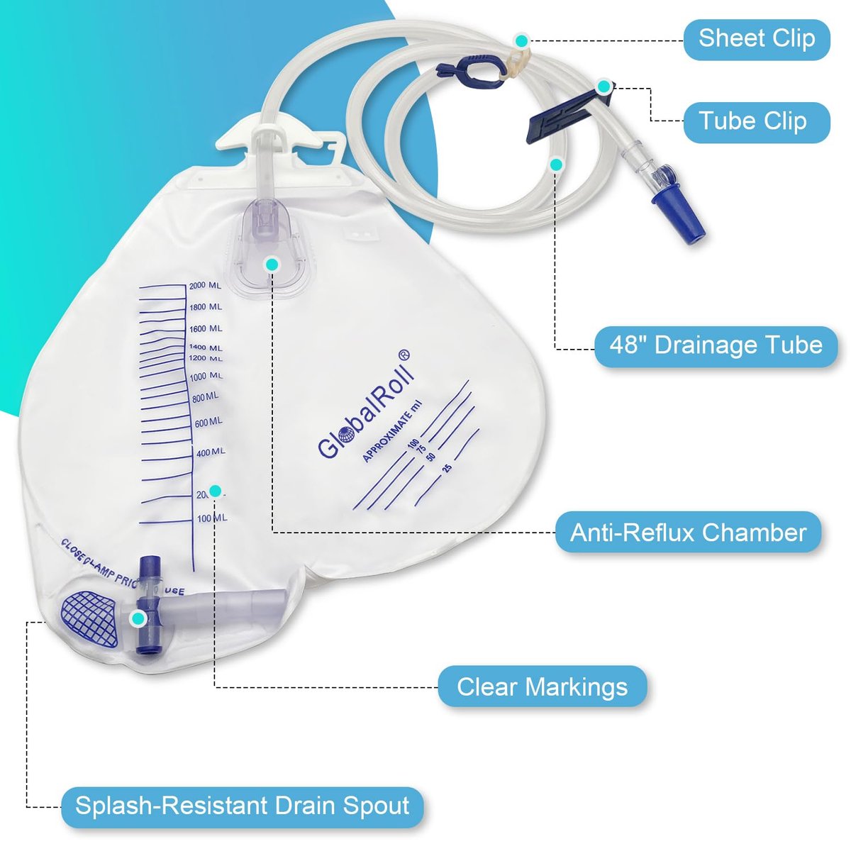GlobalRoll Urinbeutel mit Anti-Reflux-Kammer, Urinbeutel 2000 ml, 120 cm Drainageschlauch, Clips und Aufhängehaken, professioneller Urinbeutel für zu Hause und Krankenhäuser, 1 Packung