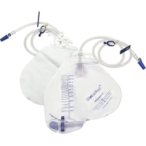 GlobalRoll Urinbeutel mit Anti-Reflux-Kammer, Urinbeutel 2000 ml, 120 cm Drainageschlauch, Clips und Aufhängehaken, professioneller Urinbeutel für zu Hause und Krankenhäuser, 1 Packung