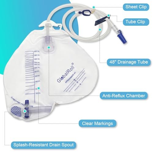 GlobalRoll Urinbeutel mit Anti-Reflux-Kammer, Urinbeutel 2000 ml, 120 cm Drainageschlauch, Clips und Aufhängehaken, professioneller Urinbeutel für zu Hause und Krankenhäuser, 1 Packung