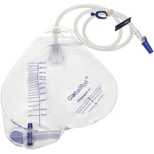 GlobalRoll Urinbeutel mit Anti-Reflux-Kammer, Urinbeutel 2000 ml, 120 cm Drainageschlauch, Clips und Aufhängehaken, professioneller Urinbeutel für zu Hause und Krankenhäuser, 1 Packung