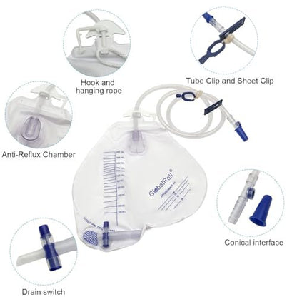 GlobalRoll Urinbeutel mit Anti-Reflux-Kammer, Urinbeutel 2000 ml, 120 cm Drainageschlauch, Clips und Aufhängehaken, professioneller Urinbeutel für zu Hause und Krankenhäuser, 1 Packung