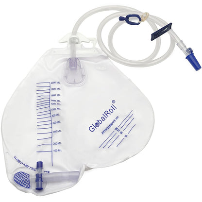 GlobalRoll Urinbeutel mit Anti-Reflux-Kammer, Urinbeutel 2000 ml, 120 cm Drainageschlauch, Clips und Aufhängehaken, professioneller Urinbeutel für zu Hause und Krankenhäuser, 1 Packung