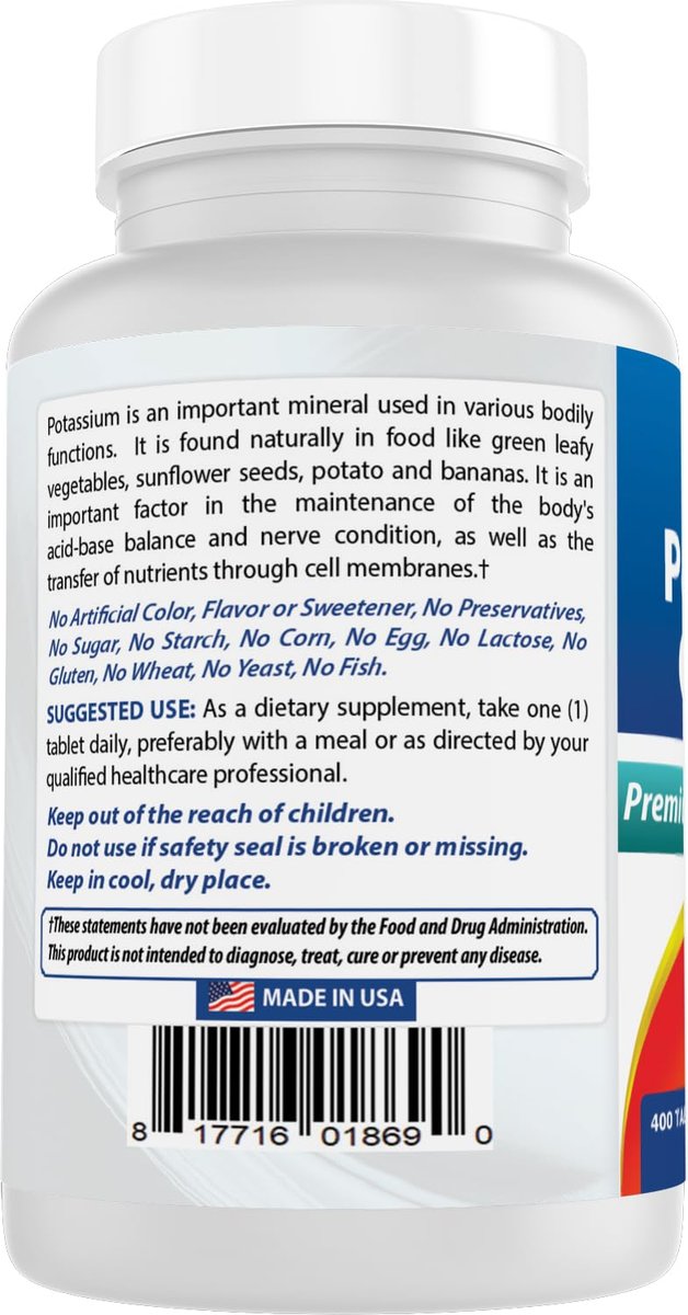Best Naturals Kaliumchlorid Nahrungsergänzung 99 mg, 400 Tabletten - Laborgeprüft