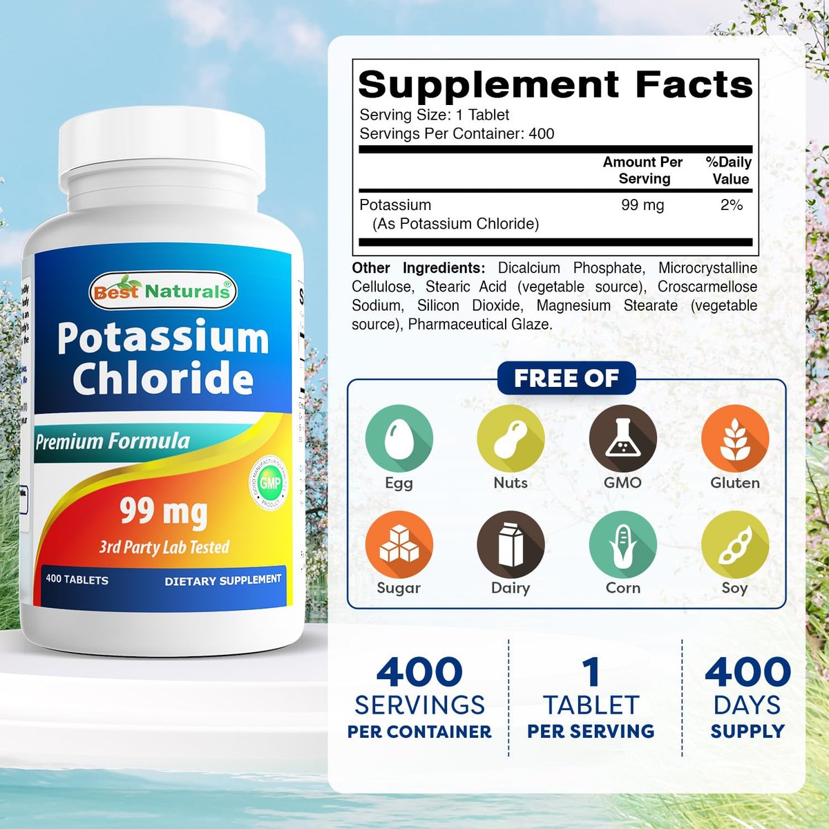 Best Naturals Kaliumchlorid Nahrungsergänzung 99 mg, 400 Tabletten - Laborgeprüft