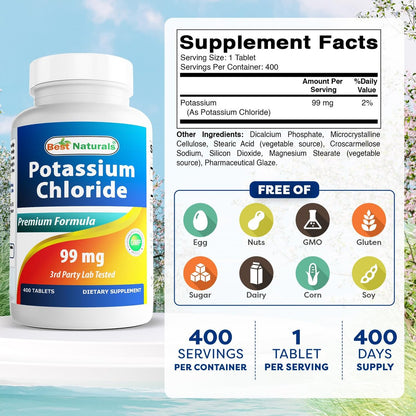 Best Naturals Kaliumchlorid Nahrungsergänzung 99 mg, 400 Tabletten - Laborgeprüft