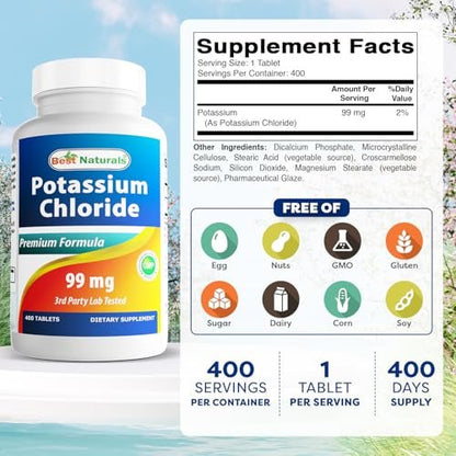 Best Naturals Kaliumchlorid Nahrungsergänzung 99 mg, 400 Tabletten - Laborgeprüft