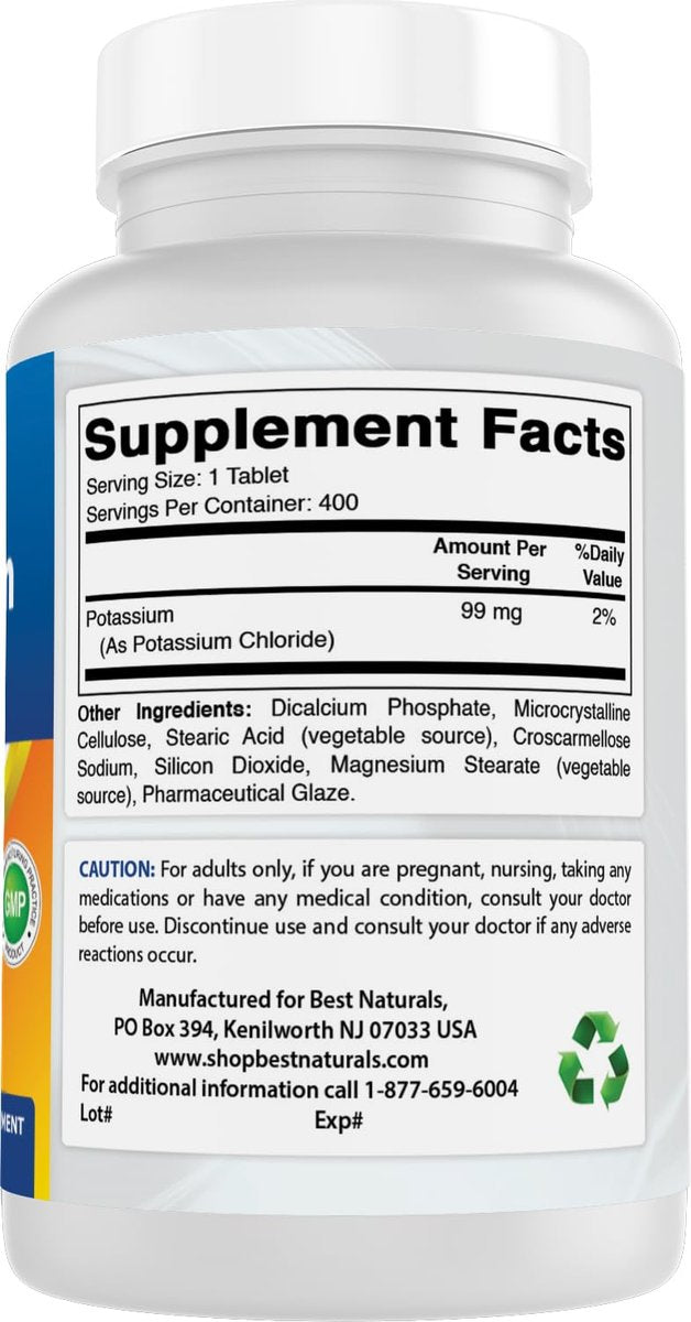 Best Naturals Kaliumchlorid Nahrungsergänzung 99 mg, 400 Tabletten - Laborgeprüft
