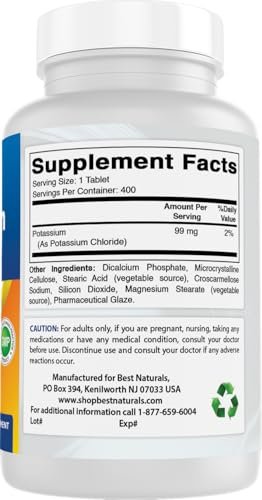 Best Naturals Kaliumchlorid Nahrungsergänzung 99 mg, 400 Tabletten - Laborgeprüft