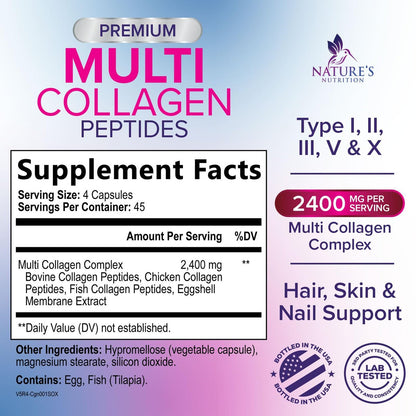 Multi-Kollagen-Komplex Kapseln - Hydrolysierte Kollagenpeptide für Frauen & Männer - Typen I, II, III, V, X - Unterstützung für Haare, Haut & Nägel - Hergestellt in den USA - 180 Kapseln