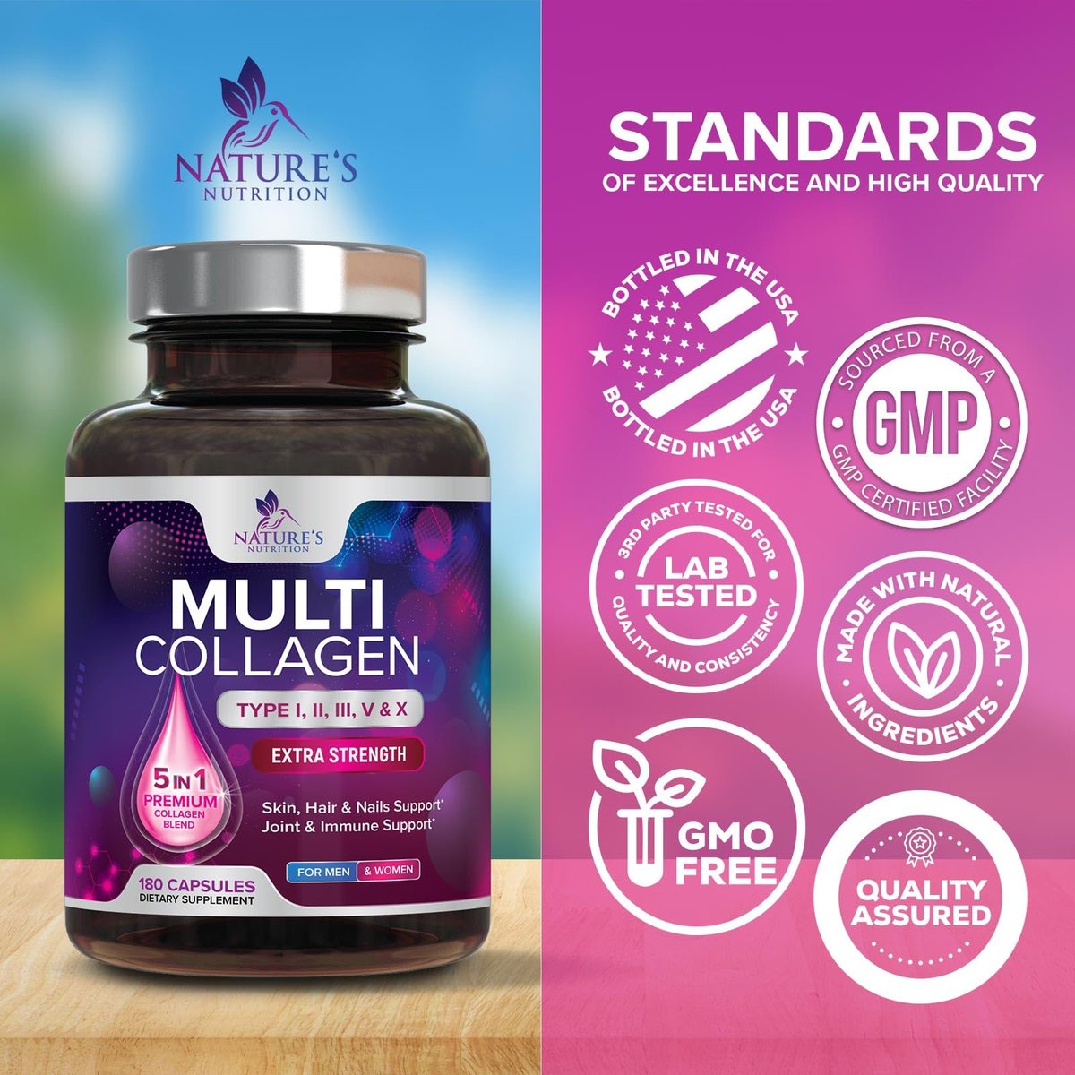 Multi-Kollagen-Komplex Kapseln - Hydrolysierte Kollagenpeptide für Frauen & Männer - Typen I, II, III, V, X - Unterstützung für Haare, Haut & Nägel - Hergestellt in den USA - 180 Kapseln