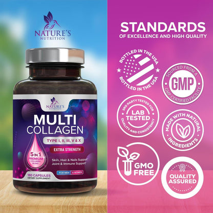 Multi-Kollagen-Komplex Kapseln - Hydrolysierte Kollagenpeptide für Frauen & Männer - Typen I, II, III, V, X - Unterstützung für Haare, Haut & Nägel - Hergestellt in den USA - 180 Kapseln