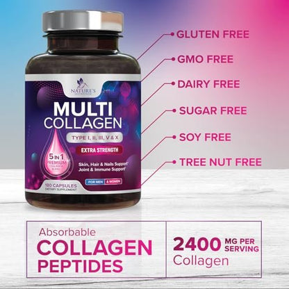 Multi-Kollagen-Komplex Kapseln - Hydrolysierte Kollagenpeptide für Frauen & Männer - Typen I, II, III, V, X - Unterstützung für Haare, Haut & Nägel - Hergestellt in den USA - 180 Kapseln