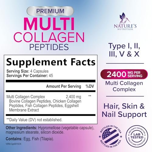 Multi-Kollagen-Komplex Kapseln - Hydrolysierte Kollagenpeptide für Frauen & Männer - Typen I, II, III, V, X - Unterstützung für Haare, Haut & Nägel - Hergestellt in den USA - 180 Kapseln