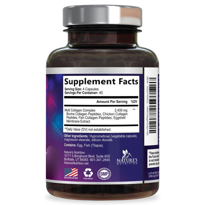Multi-Kollagen-Komplex Kapseln - Hydrolysierte Kollagenpeptide für Frauen & Männer - Typen I, II, III, V, X - Unterstützung für Haare, Haut & Nägel - Hergestellt in den USA - 180 Kapseln