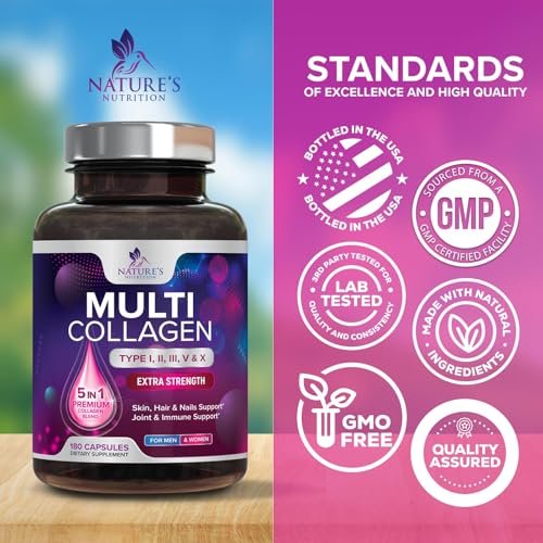 Multi-Kollagen-Komplex Kapseln - Hydrolysierte Kollagenpeptide für Frauen & Männer - Typen I, II, III, V, X - Unterstützung für Haare, Haut & Nägel - Hergestellt in den USA - 180 Kapseln