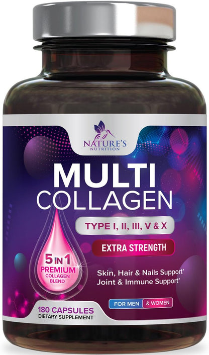 Multi-Kollagen-Komplex Kapseln - Hydrolysierte Kollagenpeptide für Frauen & Männer - Typen I, II, III, V, X - Unterstützung für Haare, Haut & Nägel - Hergestellt in den USA - 180 Kapseln