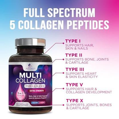 Multi-Kollagen-Komplex Kapseln - Hydrolysierte Kollagenpeptide für Frauen & Männer - Typen I, II, III, V, X - Unterstützung für Haare, Haut & Nägel - Hergestellt in den USA - 180 Kapseln
