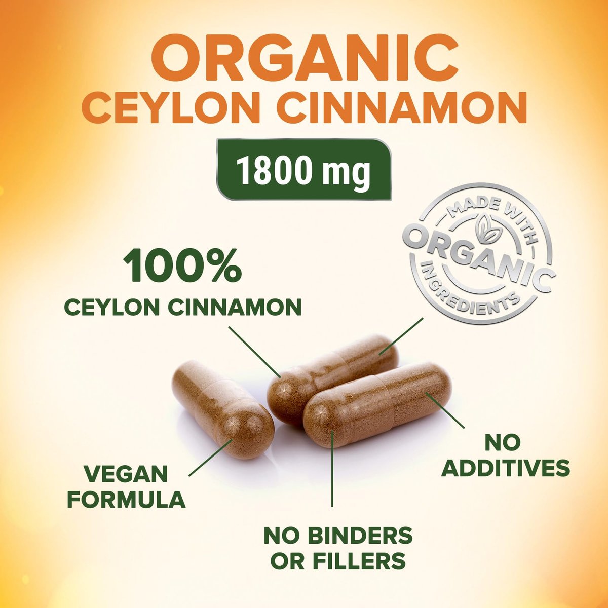 Ceylon-Zimt Kapseln - Bio-zertifiziertes Ceylon-Zimtpulver - 100% extra starke Zimtpillen - Energie- und Herzunterstützung - Glutenfrei & zuckerfrei - in den USA abgefüllt - 60 Kapseln