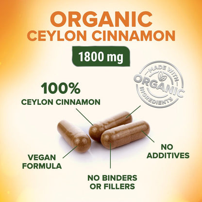 Ceylon-Zimt Kapseln - Bio-zertifiziertes Ceylon-Zimtpulver - 100% extra starke Zimtpillen - Energie- und Herzunterstützung - Glutenfrei & zuckerfrei - in den USA abgefüllt - 60 Kapseln