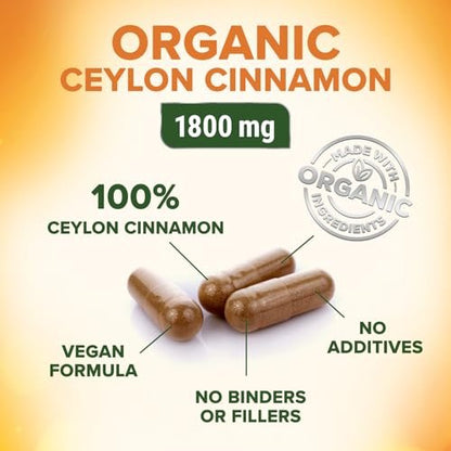 Ceylon-Zimt Kapseln - Bio-zertifiziertes Ceylon-Zimtpulver - 100% extra starke Zimtpillen - Energie- und Herzunterstützung - Glutenfrei & zuckerfrei - in den USA abgefüllt - 60 Kapseln