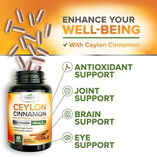 Ceylon-Zimt Kapseln - Bio-zertifiziertes Ceylon-Zimtpulver - 100% extra starke Zimtpillen - Energie- und Herzunterstützung - Glutenfrei & zuckerfrei - in den USA abgefüllt - 60 Kapseln