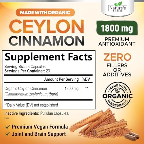 Ceylon-Zimt Kapseln - Bio-zertifiziertes Ceylon-Zimtpulver - 100% extra starke Zimtpillen - Energie- und Herzunterstützung - Glutenfrei & zuckerfrei - in den USA abgefüllt - 60 Kapseln