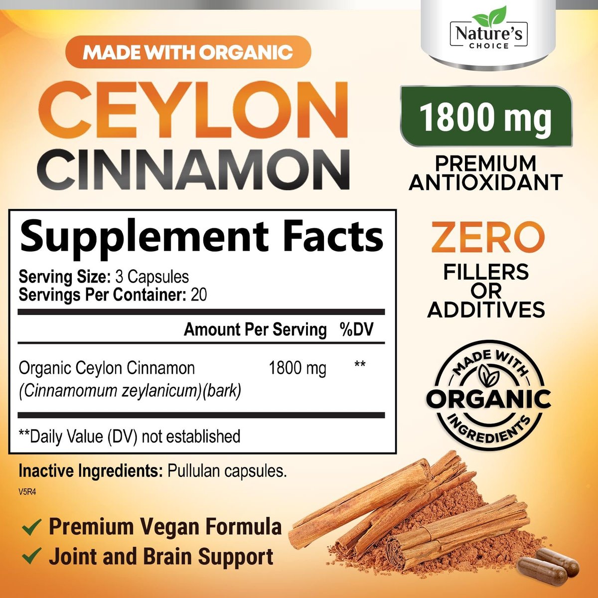 Ceylon-Zimt Kapseln - Bio-zertifiziertes Ceylon-Zimtpulver - 100% extra starke Zimtpillen - Energie- und Herzunterstützung - Glutenfrei & zuckerfrei - in den USA abgefüllt - 60 Kapseln