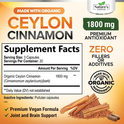 Ceylon-Zimt Kapseln - Bio-zertifiziertes Ceylon-Zimtpulver - 100% extra starke Zimtpillen - Energie- und Herzunterstützung - Glutenfrei & zuckerfrei - in den USA abgefüllt - 60 Kapseln