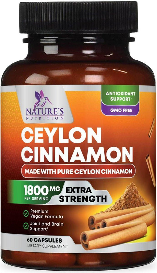 Bio Ceylon Zimt Kapseln – Extra starke, zertifizierte Bio Ceylon Zimt 1800 mg pro Portion – Energie- und Herzunterstützung, Antioxidans für Frauen und Männer – in den USA abgefüllt – 60 Kapseln
