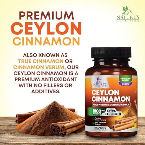 Bio Ceylon Zimt Kapseln – Extra starke, zertifizierte Bio Ceylon Zimt 1800 mg pro Portion – Energie- und Herzunterstützung, Antioxidans für Frauen und Männer – in den USA abgefüllt – 60 Kapseln