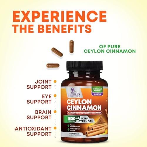 Bio Ceylon Zimt Kapseln – Extra starke, zertifizierte Bio Ceylon Zimt 1800 mg pro Portion – Energie- und Herzunterstützung, Antioxidans für Frauen und Männer – in den USA abgefüllt – 60 Kapseln