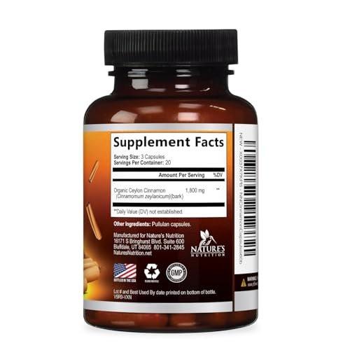 Bio Ceylon Zimt Kapseln – Extra starke, zertifizierte Bio Ceylon Zimt 1800 mg pro Portion – Energie- und Herzunterstützung, Antioxidans für Frauen und Männer – in den USA abgefüllt – 60 Kapseln