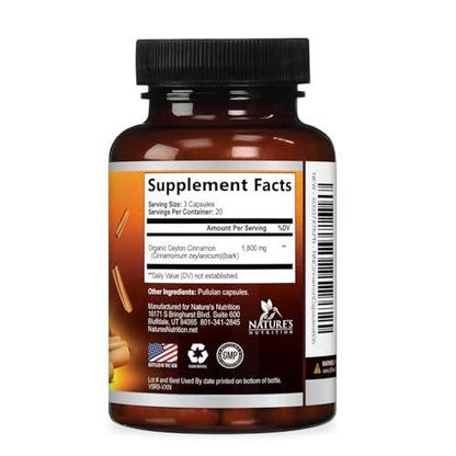 Bio Ceylon Zimt Kapseln – Extra starke, zertifizierte Bio Ceylon Zimt 1800 mg pro Portion – Energie- und Herzunterstützung, Antioxidans für Frauen und Männer – in den USA abgefüllt – 60 Kapseln