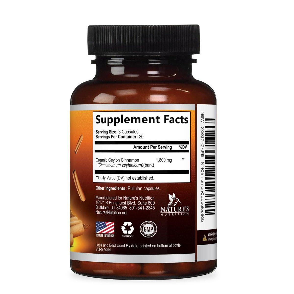 Bio Ceylon Zimt Kapseln – Extra starke, zertifizierte Bio Ceylon Zimt 1800 mg pro Portion – Energie- und Herzunterstützung, Antioxidans für Frauen und Männer – in den USA abgefüllt – 60 Kapseln