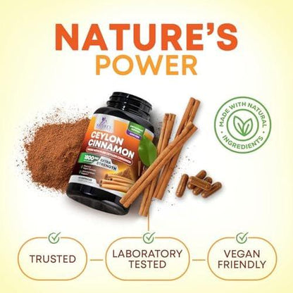 Bio Ceylon Zimt Kapseln – Extra starke, zertifizierte Bio Ceylon Zimt 1800 mg pro Portion – Energie- und Herzunterstützung, Antioxidans für Frauen und Männer – in den USA abgefüllt – 60 Kapseln