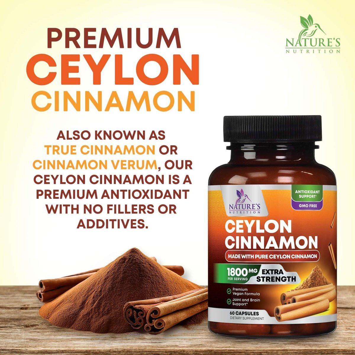 Bio Ceylon Zimt Kapseln – Extra starke, zertifizierte Bio Ceylon Zimt 1800 mg pro Portion – Energie- und Herzunterstützung, Antioxidans für Frauen und Männer – in den USA abgefüllt – 60 Kapseln