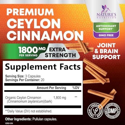 Bio Ceylon Zimt Kapseln – Extra starke, zertifizierte Bio Ceylon Zimt 1800 mg pro Portion – Energie- und Herzunterstützung, Antioxidans für Frauen und Männer – in den USA abgefüllt – 60 Kapseln