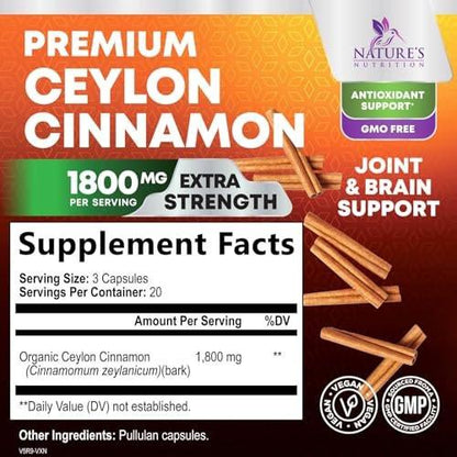 Bio Ceylon Zimt Kapseln – Extra starke, zertifizierte Bio Ceylon Zimt 1800 mg pro Portion – Energie- und Herzunterstützung, Antioxidans für Frauen und Männer – in den USA abgefüllt – 60 Kapseln