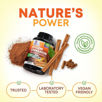 Bio Ceylon Zimt Kapseln – Extra starke, zertifizierte Bio Ceylon Zimt 1800 mg pro Portion – Energie- und Herzunterstützung, Antioxidans für Frauen und Männer – in den USA abgefüllt – 60 Kapseln