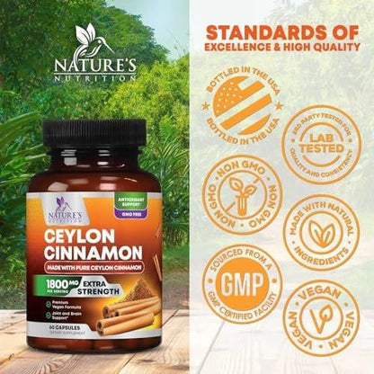 Bio Ceylon Zimt Kapseln – Extra starke, zertifizierte Bio Ceylon Zimt 1800 mg pro Portion – Energie- und Herzunterstützung, Antioxidans für Frauen und Männer – in den USA abgefüllt – 60 Kapseln