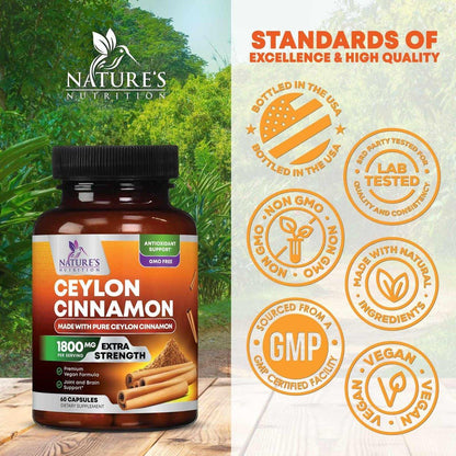 Bio Ceylon Zimt Kapseln – Extra starke, zertifizierte Bio Ceylon Zimt 1800 mg pro Portion – Energie- und Herzunterstützung, Antioxidans für Frauen und Männer – in den USA abgefüllt – 60 Kapseln
