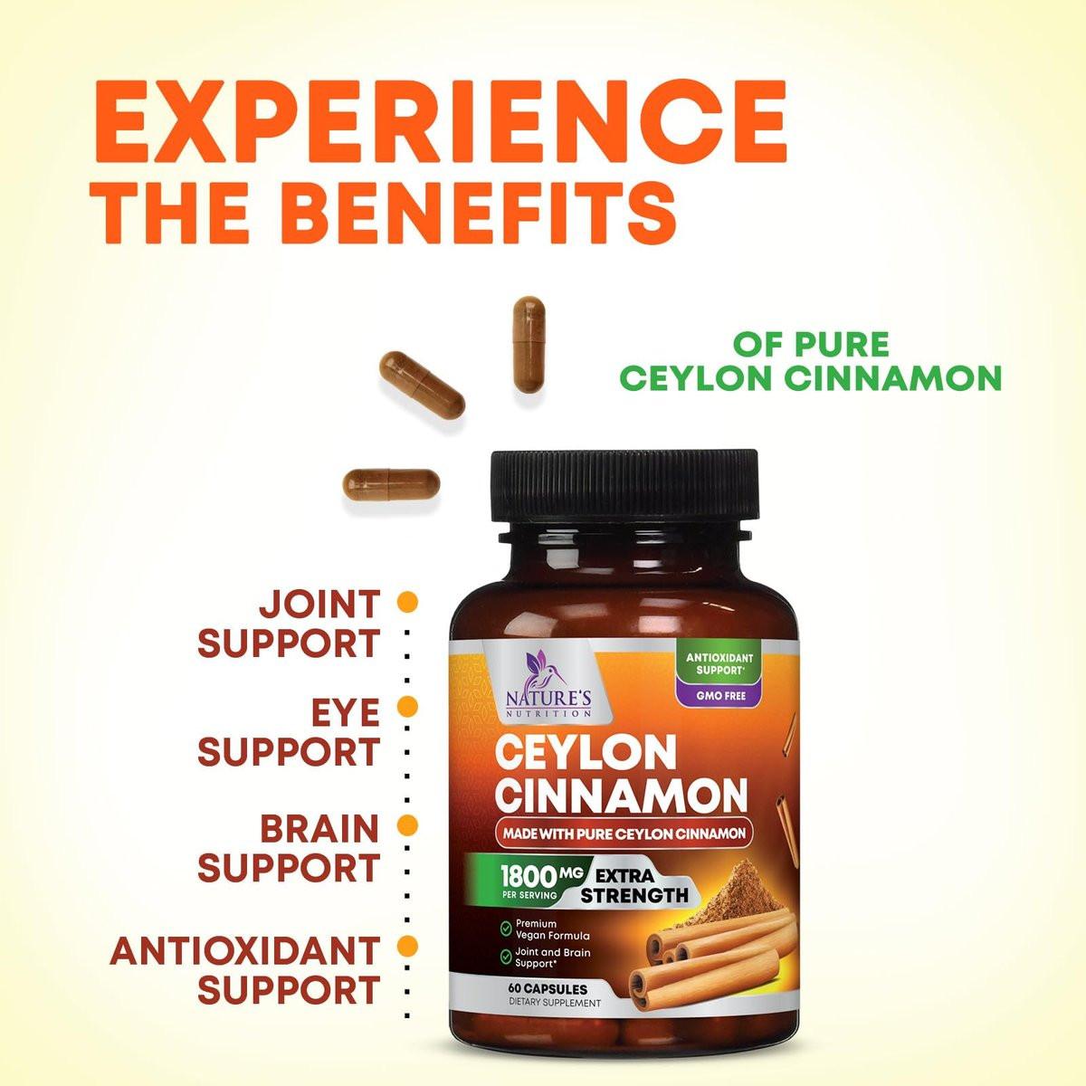 Bio Ceylon Zimt Kapseln – Extra starke, zertifizierte Bio Ceylon Zimt 1800 mg pro Portion – Energie- und Herzunterstützung, Antioxidans für Frauen und Männer – in den USA abgefüllt – 60 Kapseln
