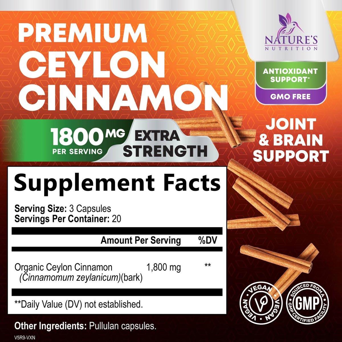 Bio Ceylon Zimt Kapseln – Extra starke, zertifizierte Bio Ceylon Zimt 1800 mg pro Portion – Energie- und Herzunterstützung, Antioxidans für Frauen und Männer – in den USA abgefüllt – 60 Kapseln