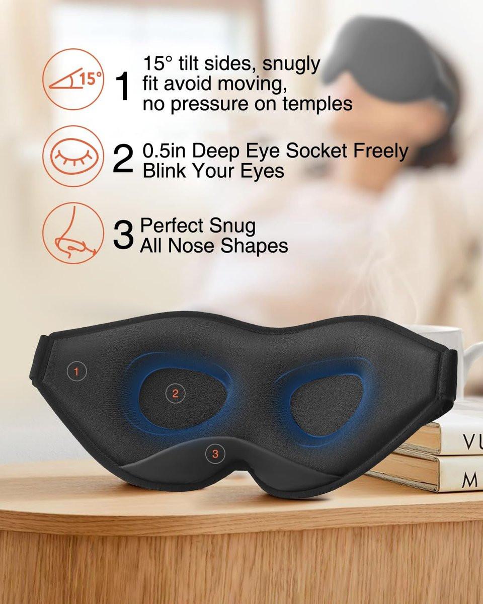 MABAO Schlafmaske für Seitenschläfer – 3D Konturierte Augenmaske ohne Druck, 100% Lichtblockierung, Verstellbares Band, für Damen und Herren, Schwarz