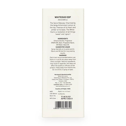 Bellavita Luxury WHITE OUD Eau de Parfum | 20 ml Reisegröße | Unisex Duft für Männer und Frauen | Fruchtige, Artemisia, Zitrone, Freesie und Tabaknoten | Langanhaltend