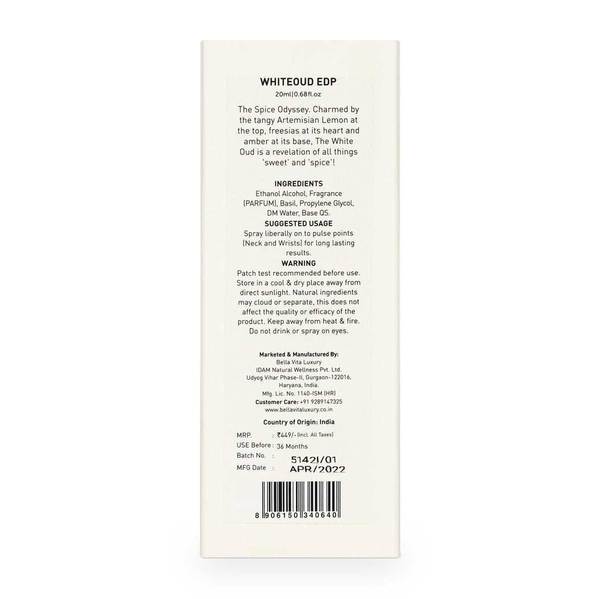 Bellavita Luxury WHITE OUD Eau de Parfum | 20 ml Reisegröße | Unisex Duft für Männer und Frauen | Fruchtige, Artemisia, Zitrone, Freesie und Tabaknoten | Langanhaltend