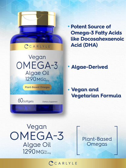 Carlyle Veganes Omega 3 Supplement | 1290 mg | 60 Softgels | Pflanzenbasiert | Non-GMO & Glutenfrei | Aus Algenöl